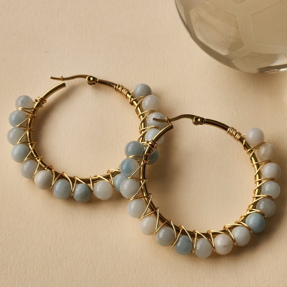 Semi Precious Stone Patchwork Hoop Light Pale Blue Earrings, Women Earrings